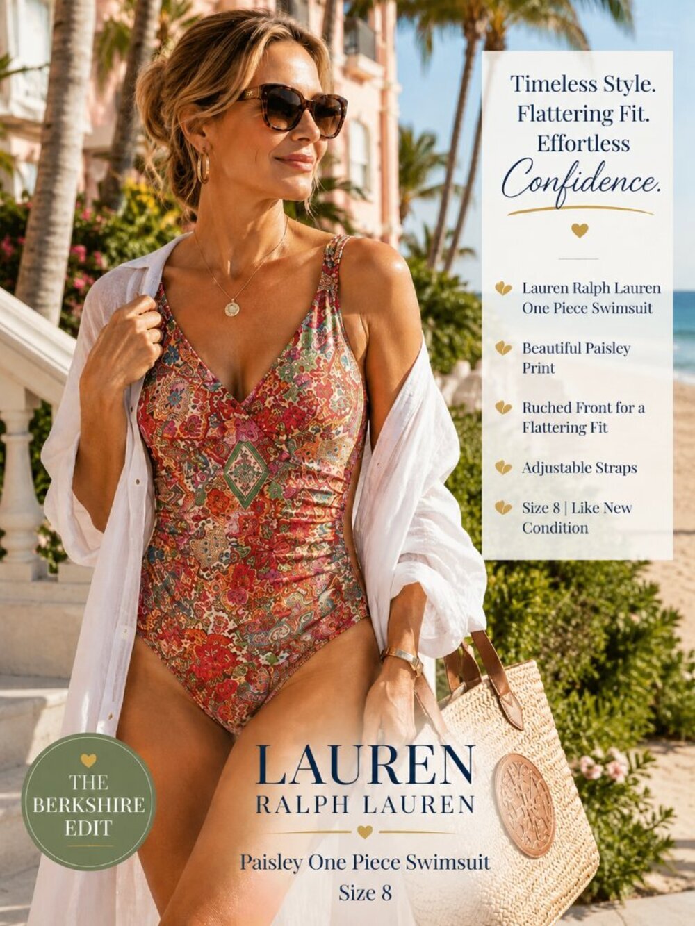 Lauren Ralph Lauren Paisley Ruched One Piece Swimsuit Size 8 Multicolor